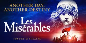 A dramatic poster for Les Misérables featuring a girl’s face, red and blue background, and protestors.