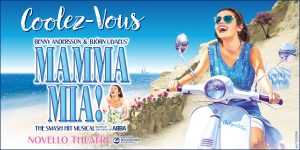 A vibrant summer campaign image featuring characters from Mamma Mia! in colourful costumes, surrounded by a sunny outdoor setting.