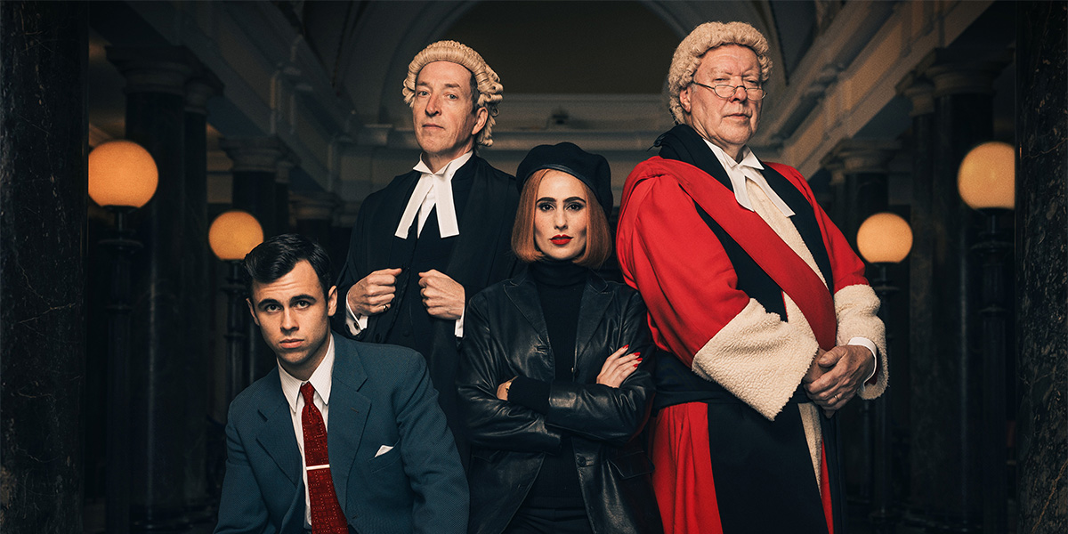 A courtroom scene featuring a judge and two lawyers presenting evidence, with wooden benches and legal books in the background.