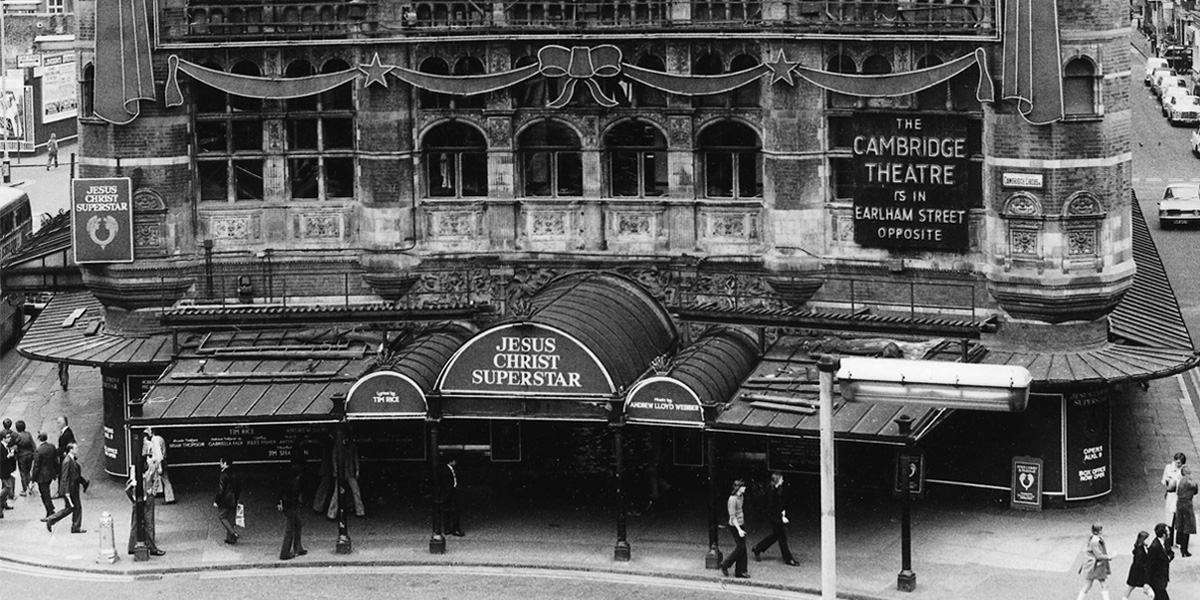 The front facade of the Palace Theatre, featuring the title "Jesus Christ Superstar" prominently displayed.
