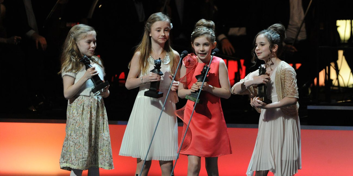 Sophia Kiely, Kerry Ingram, Eleanor Worthington-Cox, and Cleo Demetriou giving their Olivier Awards 2012 acceptane speeches.