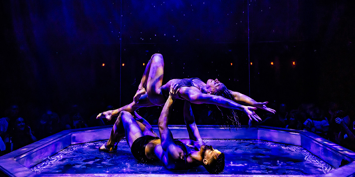 A performer in a shimmering costume poses confidently on stage, surrounded by dramatic lighting and audience silhouettes.