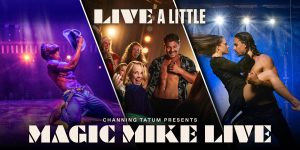A dynamic performance scene from Magic Mike Live, featuring dancers in vibrant costumes and dramatic lighting.