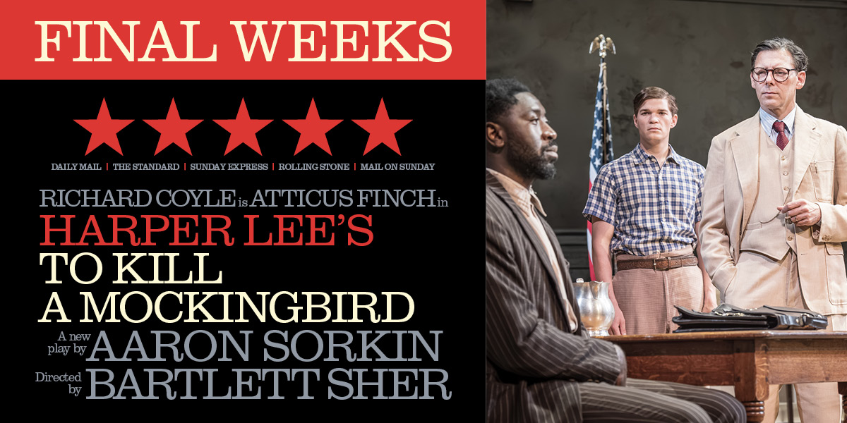 Promotional graphic for "To Kill A Mockingbird" featuring a five-star rating and vibrant background colours.