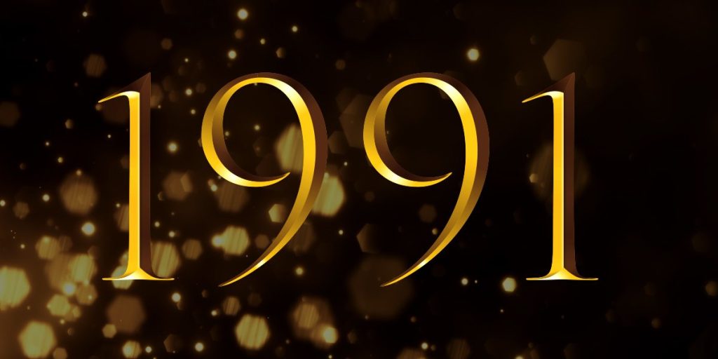 Golden "99" numerals on a dark background with shimmering golden bokeh effects, representing the 1991 Olivier Awards.
