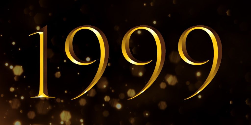 Gold numbers "1999" on a dark background with shimmering golden particles, representing the Olivier Winners of 1999.