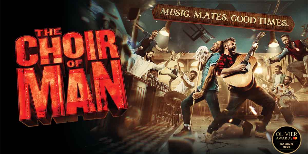 A lively scene featuring men singing and playing instruments in a bar, with vibrant colours and dynamic poses.