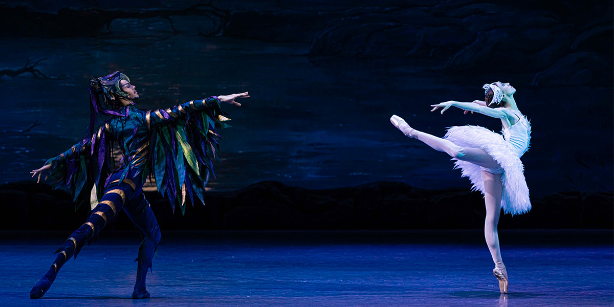 Dancers in tutus perform gracefully on stage, illuminated by soft lighting against a dark background.