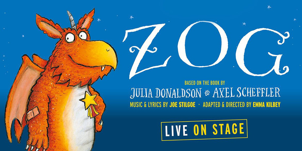 A vibrant illustration of Zog, a dragon, flying through a bright blue sky with fluffy white clouds.