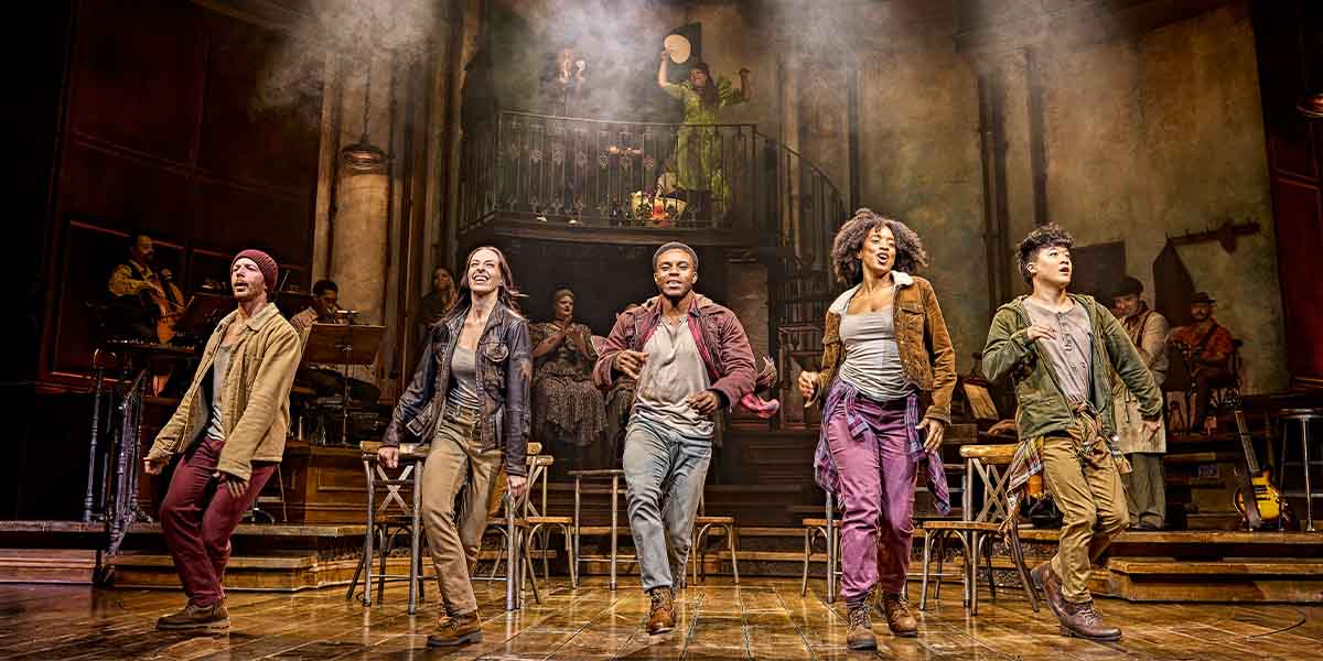 Ollie Bingham, Michelle Andrews, Femi Akinfolarin, Gabriela Benedetti, and Sebastian Lim-Seet performing in Hadestown.