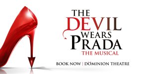A glossy red high heel shoe with a pointed toe, alongside the title of the musical "The Devil Wears Prada.