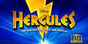 Colourful promotional banners and buttons featuring characters from Disney's Hercules against a plain background.