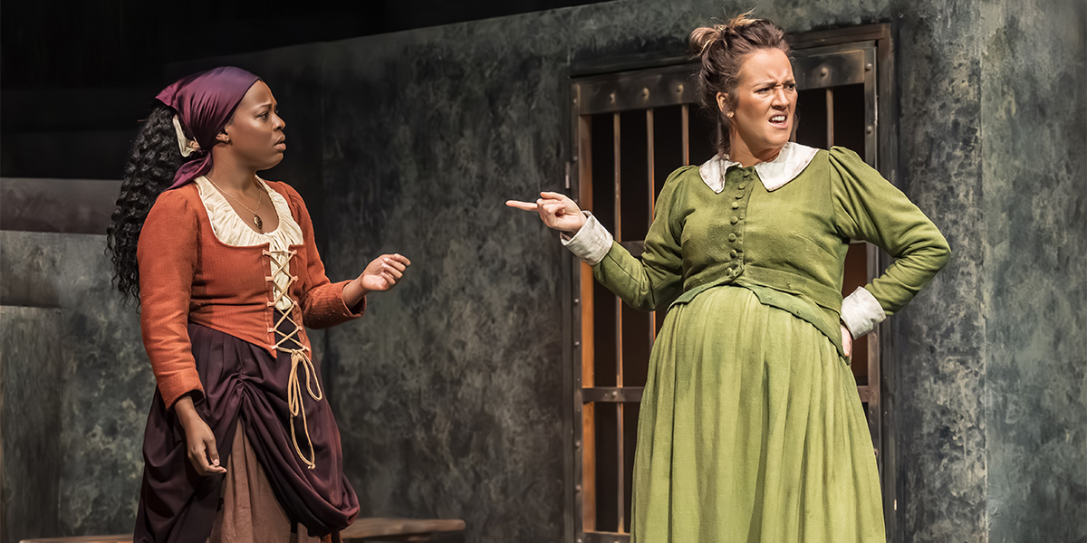 Gabrielle Brooks as Jenet and Lauryn Redding as Rose perform on stage in Coven at Kiln Theatre.