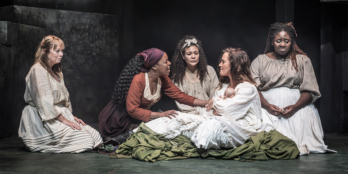 Jacinta Whyte, Gabrielle Brooks, Allyson Ava-Brown, Lauryn Redding, and Shiloh Coke pose together in Coven.
