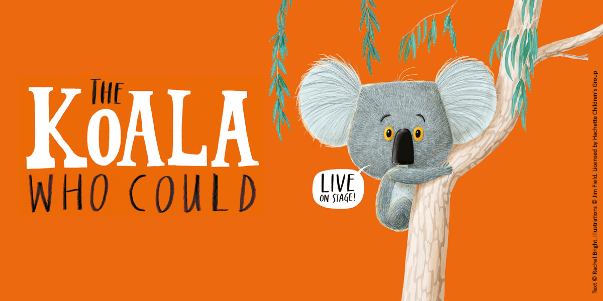 A koala clings to a tree branch, surrounded by green leaves, with a soft, textured grey fur.