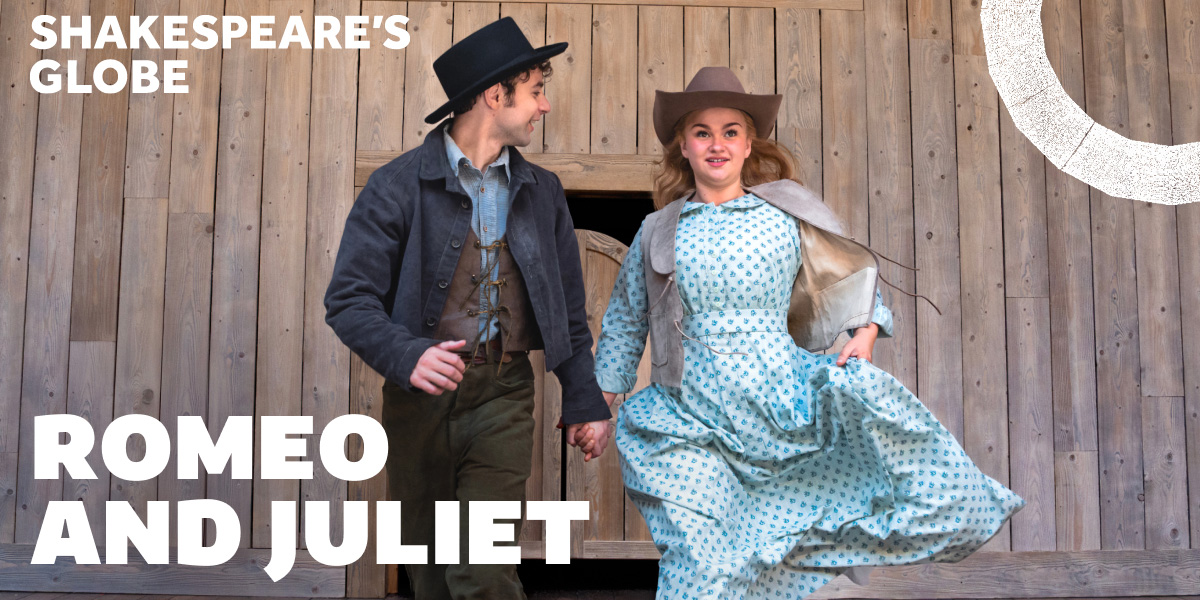 In the centre is an image of two people, one wearing a pale blue dress and the other a dark suit with waistcoat. On the left it reads 'Romeo And Juliet'