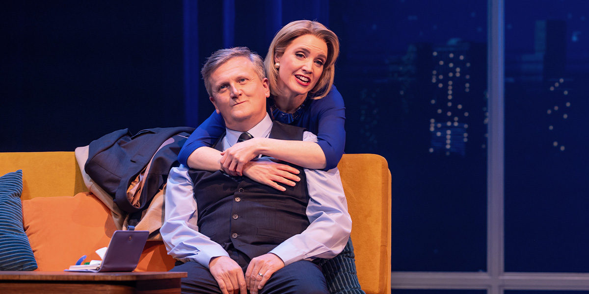 Aled Jones as Walter Hobbs and Rosanna Hyland as Emily Hobbs perform in Elf the Musical.