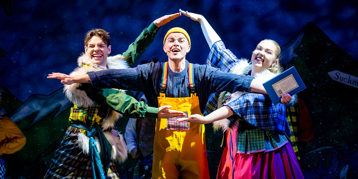 Owen Arkrow, Matt Kennedy, and Olivia-Grace Weaver pose together in costume for Beauty and the Beast.