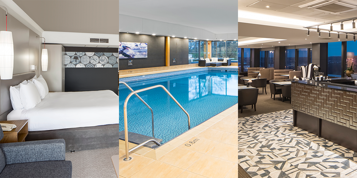 Collage of three photos showing the bedroom, the pool and the restaurant at Crowne Plaza Plymouth