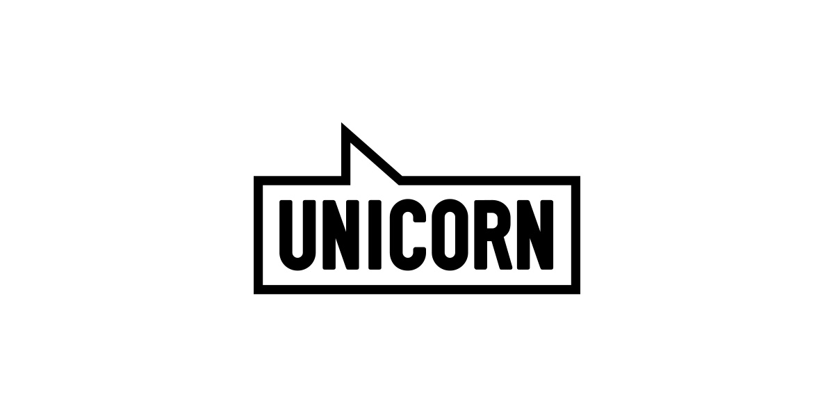 A stylised unicorn silhouette in white, set against a vibrant rainbow gradient background, with a heart symbol.