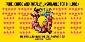Avenue Q stage scene featuring puppets and actors, with vibrant colours and a cityscape backdrop.
