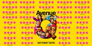 Avenue Q poster featuring multiple four and five star reviews