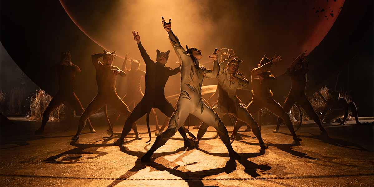 The cast of CATS performs dynamically on stage, dressed in various cat-themed costumes under dramatic lighting.