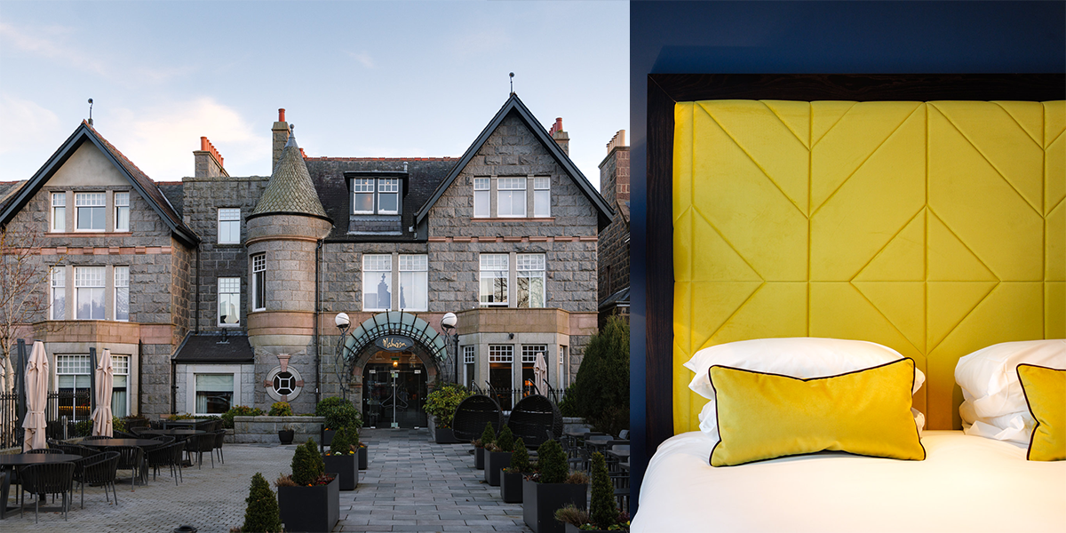 A stylish hotel room featuring a double bed, modern furnishings. Plus an exterior shot the grand hotel building.