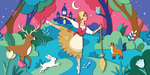 A young girl in a pink ballet dress performs a dance pose on stage, surrounded by fairy-tale scenery.