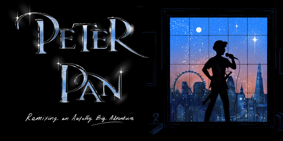 Peter Pan stands in a lush, green forest, wearing a green outfit, with a playful expression.