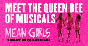 A promotional image for Mean Girls featuring a pink background with the title text prominently displayed.