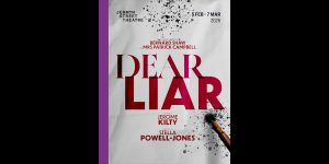 Promotional poster for "Dear Liar," featuring bold red text on a white background with a purple border.