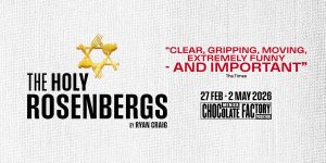 The Holy Rosenbergs performing on stage, dressed in vibrant costumes, with a colourful backdrop and audience visible.