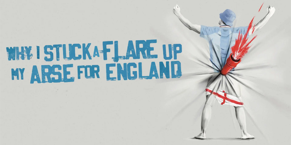 A person in a blue shirt raises their arms, with a flare protruding from their backside.