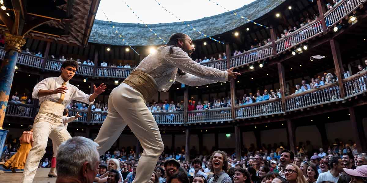 Jax Guerrero as Dumaine and Philip Arditti as Berowne perform in Love's Labour's Lost at Shakespeare's Globe.