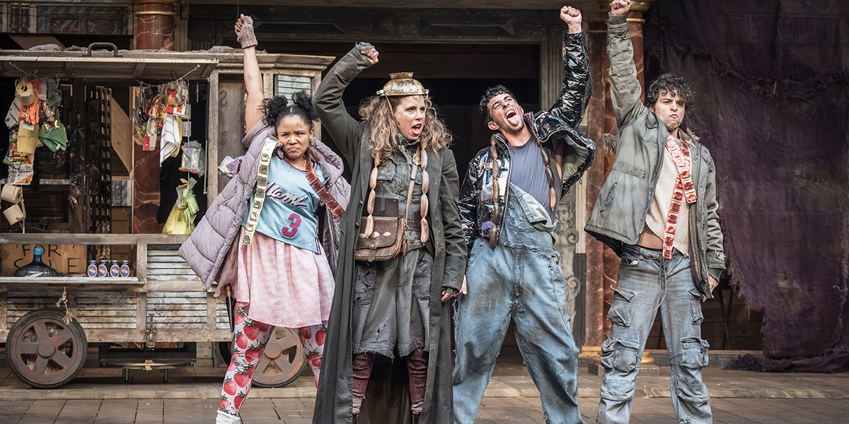 Rachelle Diedericks as Kattrin, Michelle Terry as Mother Courage, Vinnie Heaven as Eilif, and Rawaed Asde as Swiss Cheese on stage.