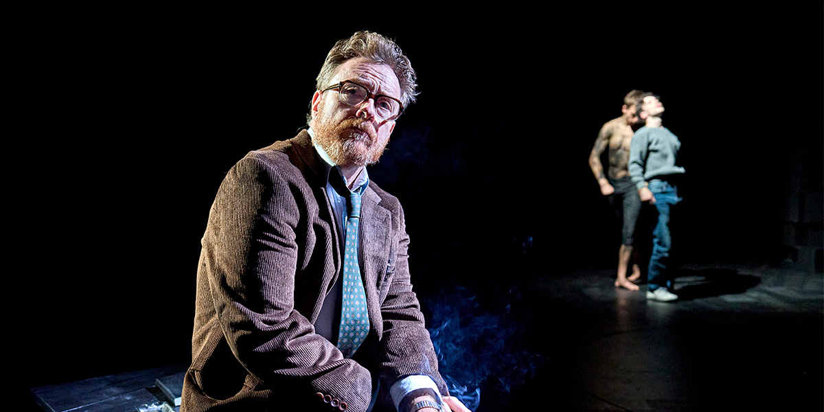 Toby Stephens as Dr. Martin Dysart and Noah Valentine as Alan Strang, both in dramatic poses, against a dark background.