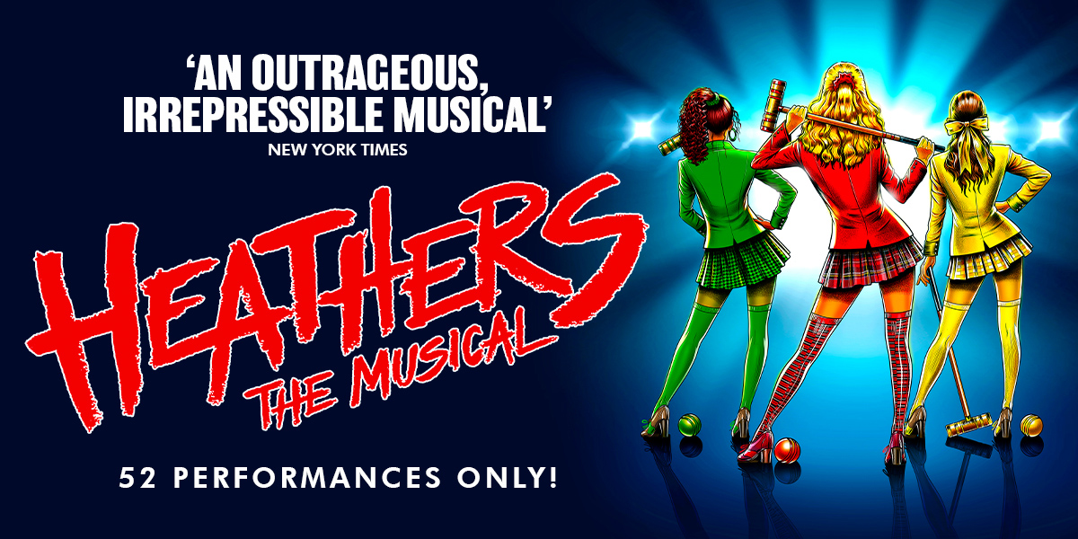 A vibrant scene from Heathers, featuring characters in colourful outfits, with a school setting in the background.