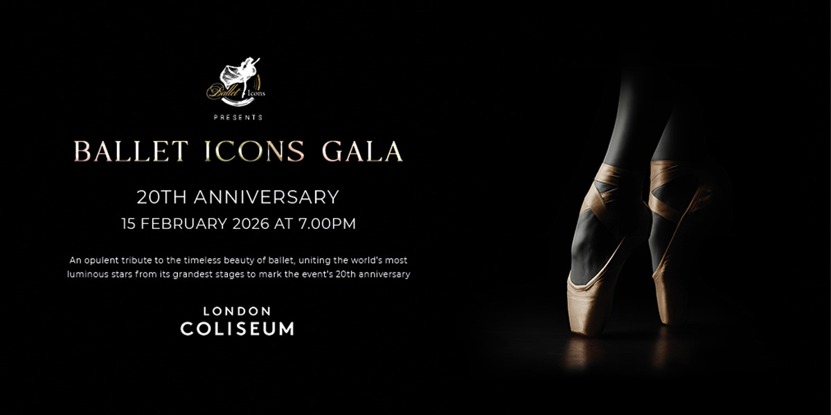 Ballet pointe shoes positioned against a dark background, promoting the Ballet Icons Gala at London Coliseum.