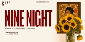 A vibrant scene from "Nine Night" featuring a group of people gathered around a table, sharing stories.