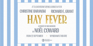 The word Hayfever is central on a light blue and white striped background.