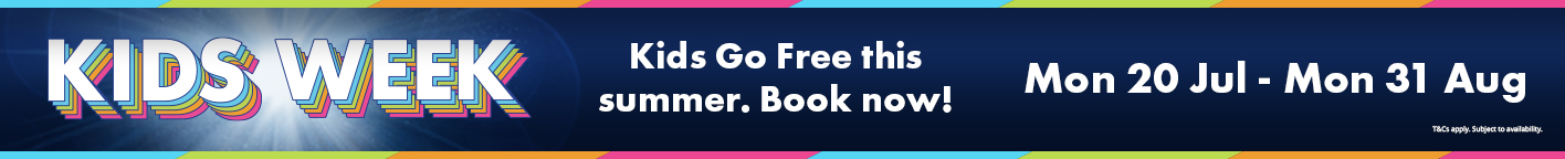Colourful banner promoting "Kids Week" with text about free entry for children and booking details.