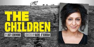 On the left it reads 'The Children' in yellow writing against a black and white brick wall. On the right is a picture of a person with black hair tied up.