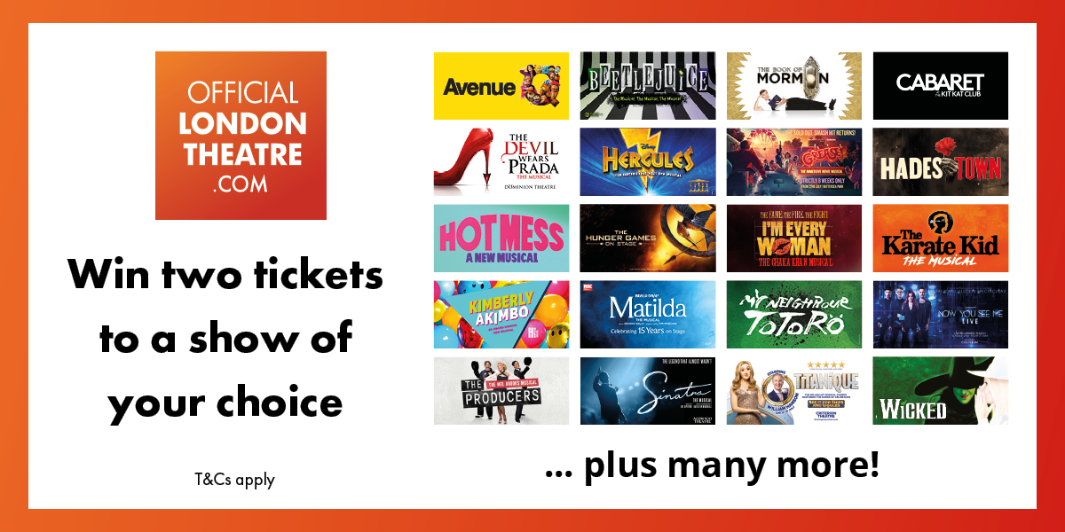 A vibrant promotional graphic featuring two tickets with colourful designs, celebrating West End LIVE shows.