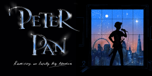 Peter Pan and two characters in vibrant costumes perform on stage at Polka Theatre, with a colourful backdrop.