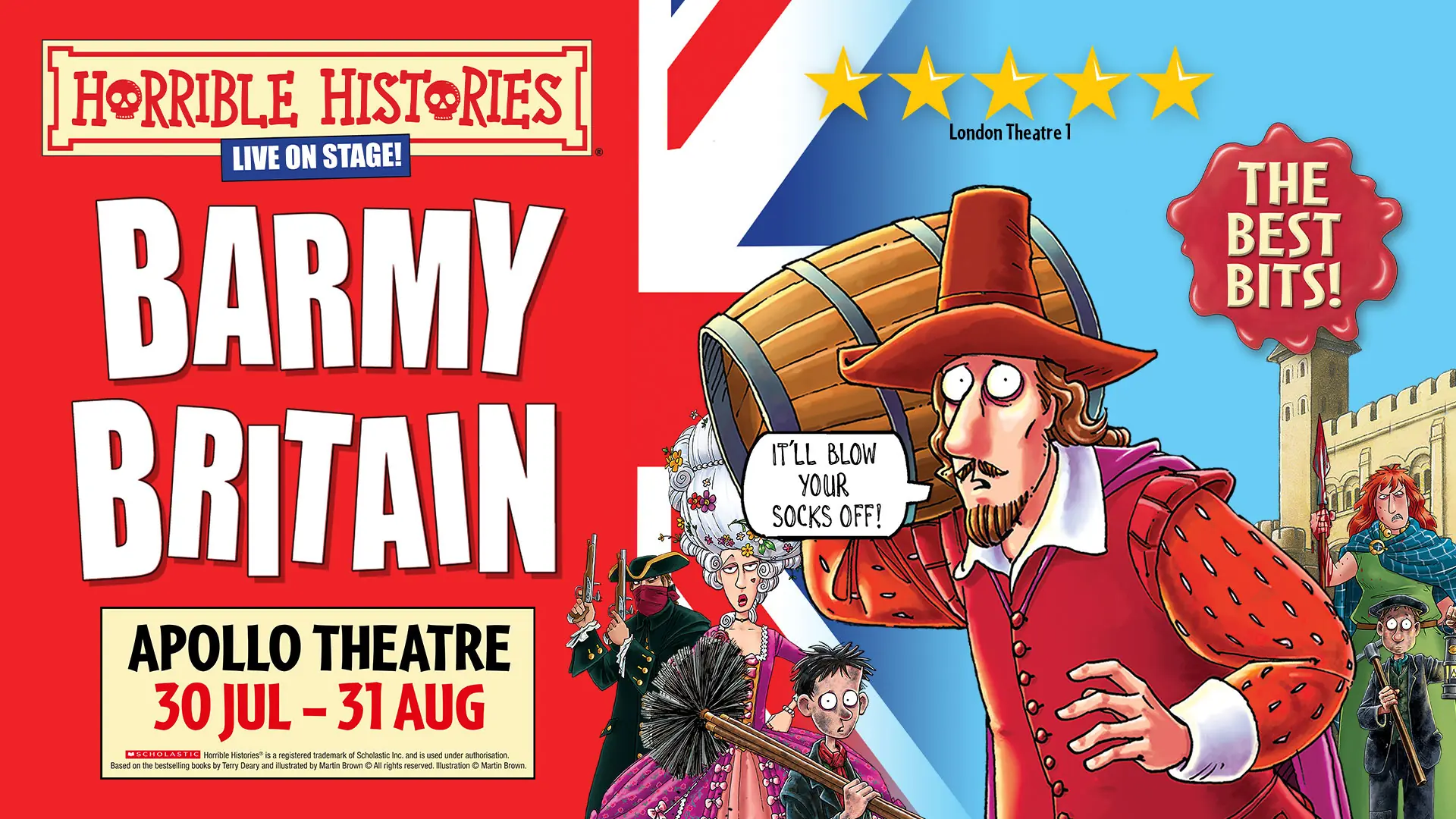 A starry night sky with scattered stars, promoting the "Horrible Histories: Barmy Britain" event.