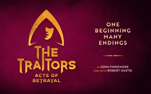 A dramatic scene from "The Traitors: Acts of Betrayal," featuring intense expressions and dark, moody lighting.