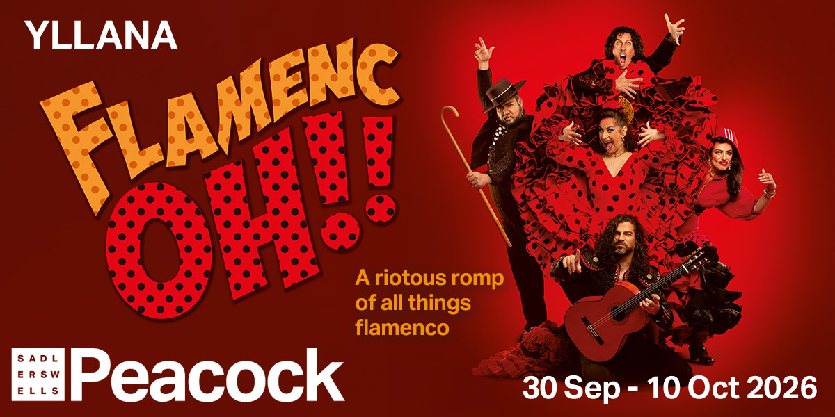 A vibrant flamenco dancer in a red dress performs with a fan, set against a colourful backdrop.