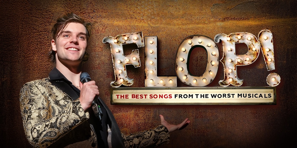 A vibrant graphic featuring the word "Flop!" in bold, stylised letters against a colourful background.
