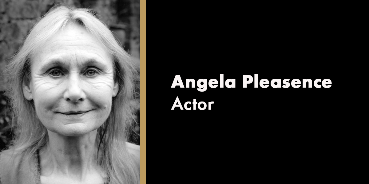 A portrait of Angela Pleasence, smiling, with a soft-focus background, commemorating her life in 2027.